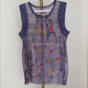 Johnny Was Nicola Sheer Purple Embroidered Blouse